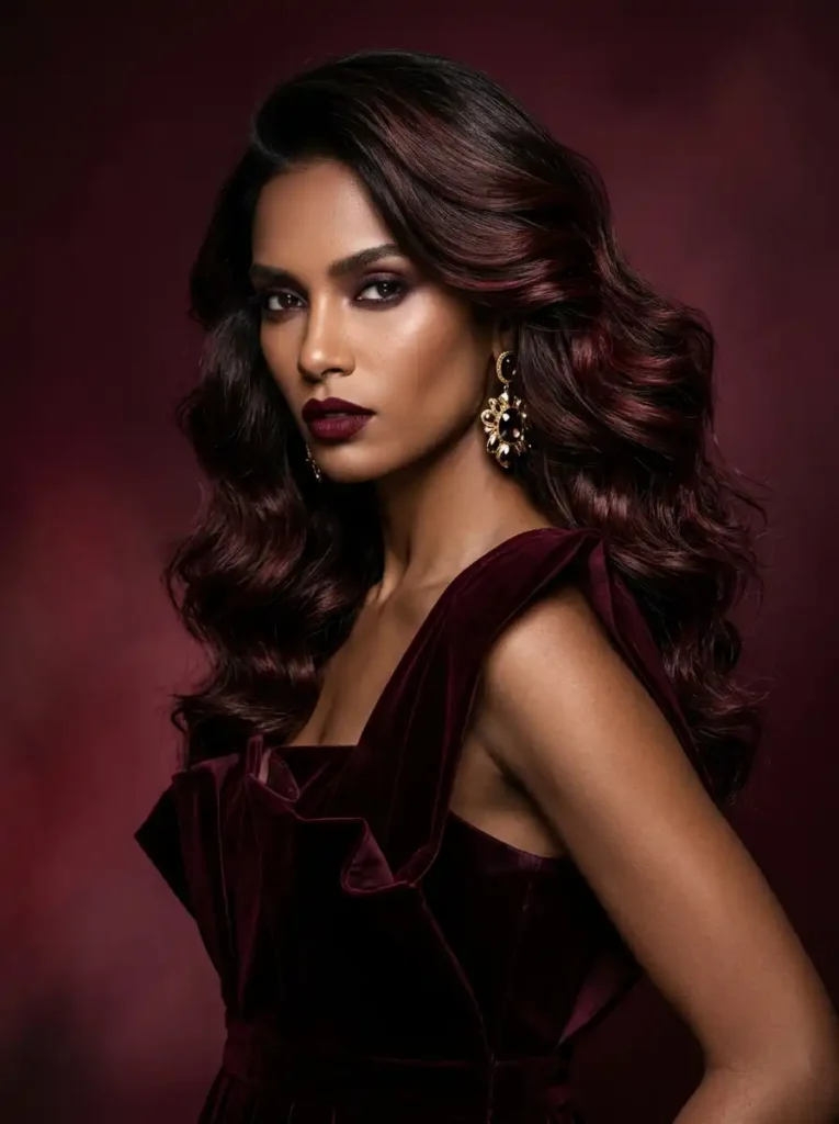 chocolate cherry balayage highlights with burgundy red tones in an editorial portrait