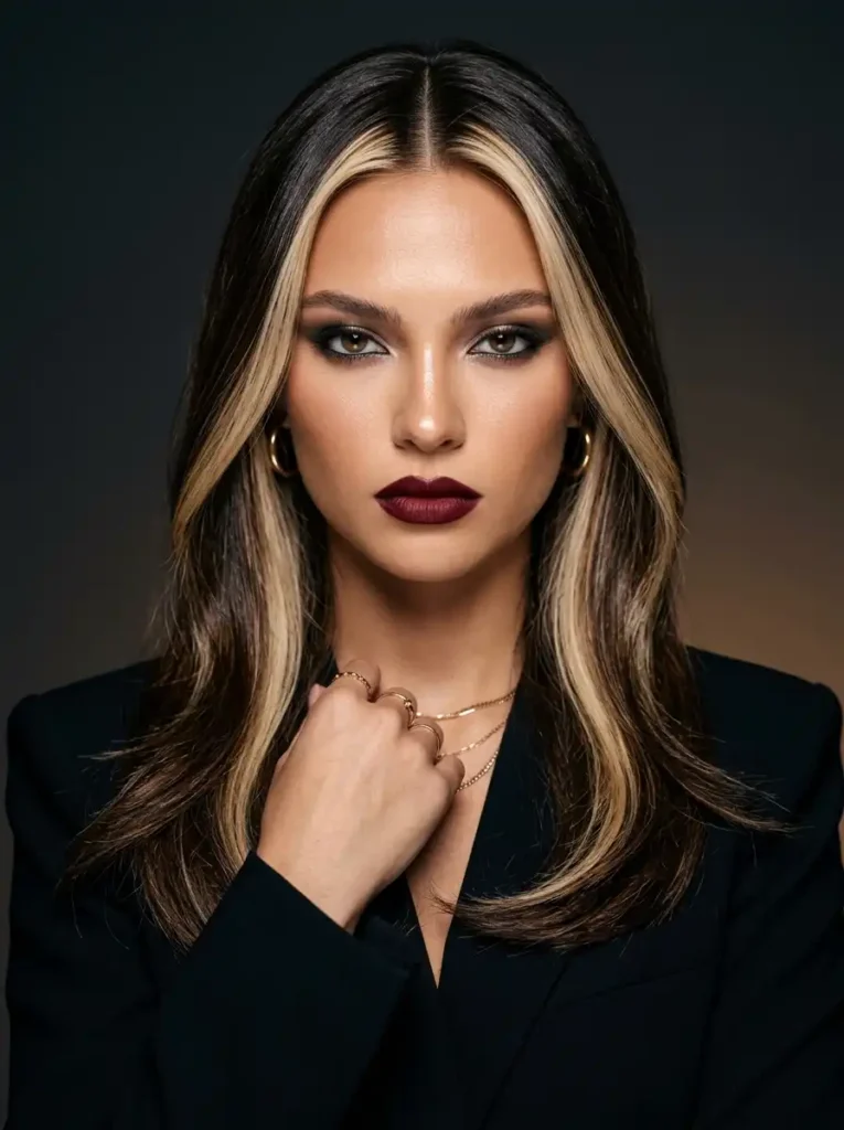 face-framing money piece balayage highlights in a high-fashion beauty portrait