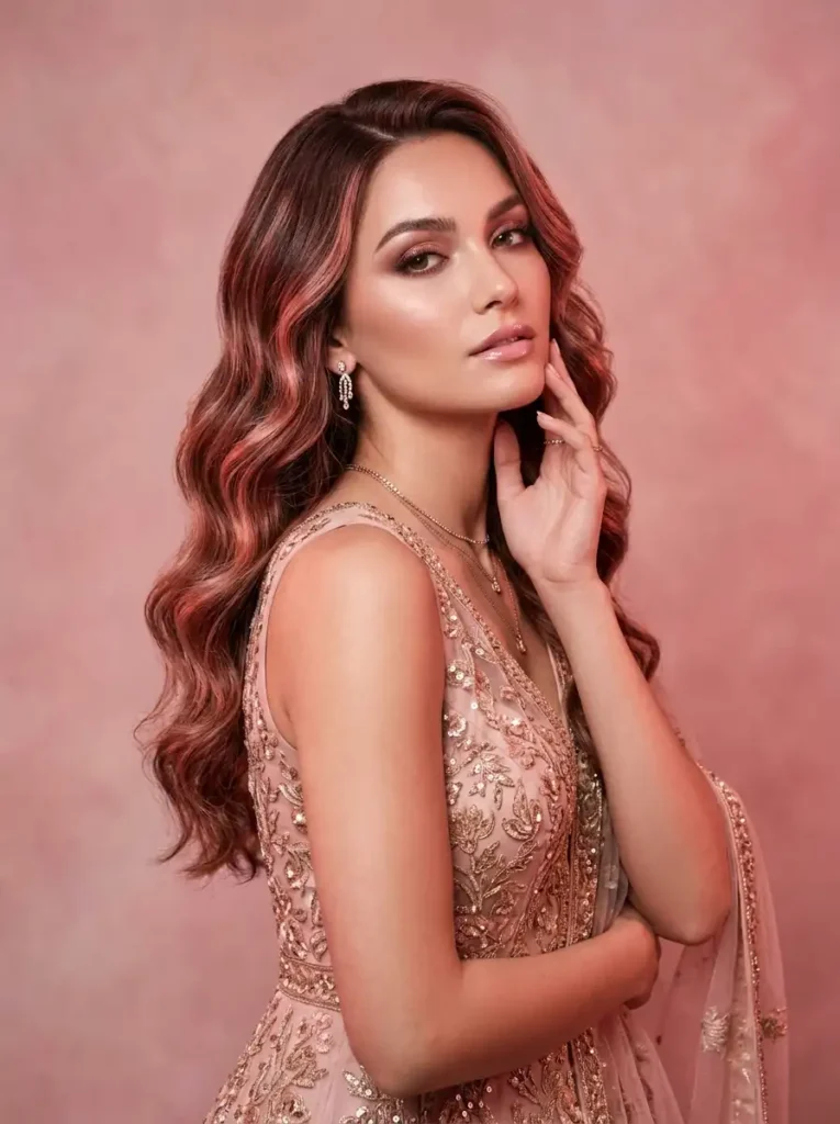romantic rose gold balayage highlights with pink and gold tones in a fashion editorial