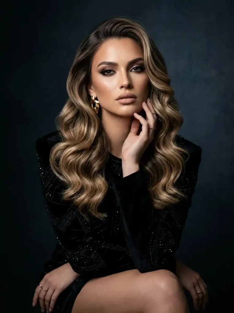 shadow root balayage highlights with darker roots melting into lighter ends, editorial portrait