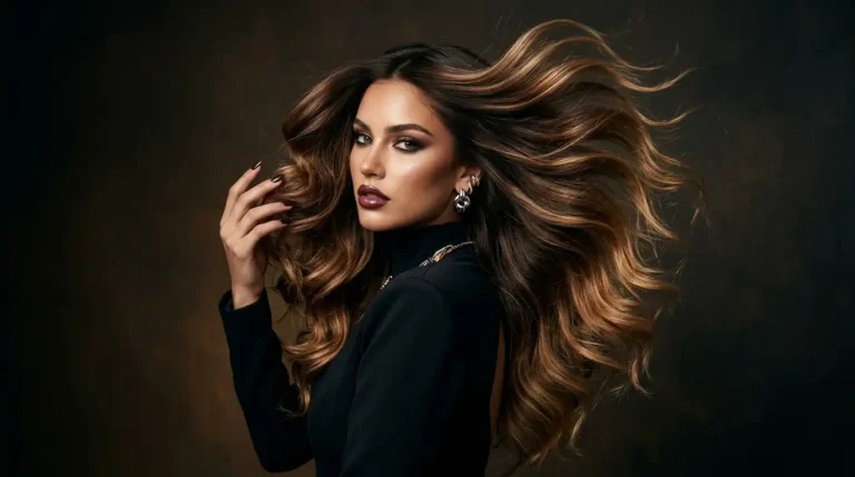 balayage highlights blending from dark roots to caramel and honey ends in a high-fashion editorial portrait
