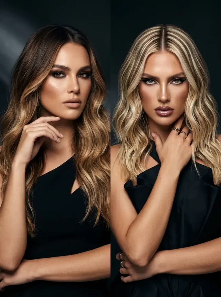high-fashion comparison of soft balayage highlights versus brighter traditional foil highlights