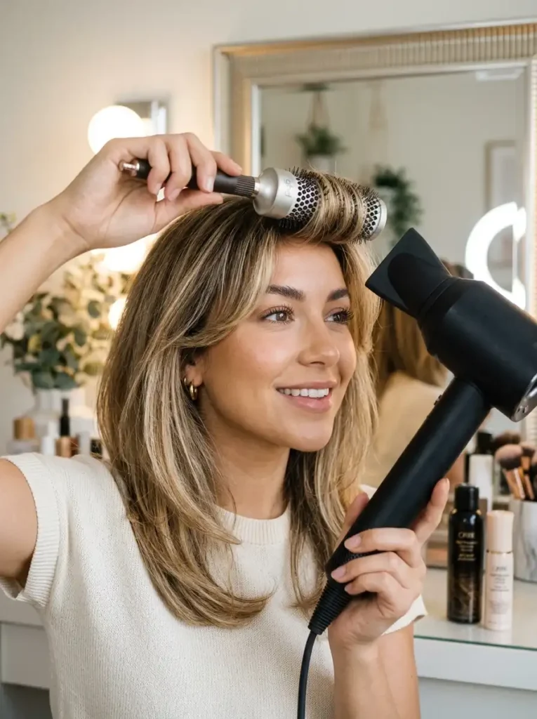 how to style curtain bangs with layers round brush