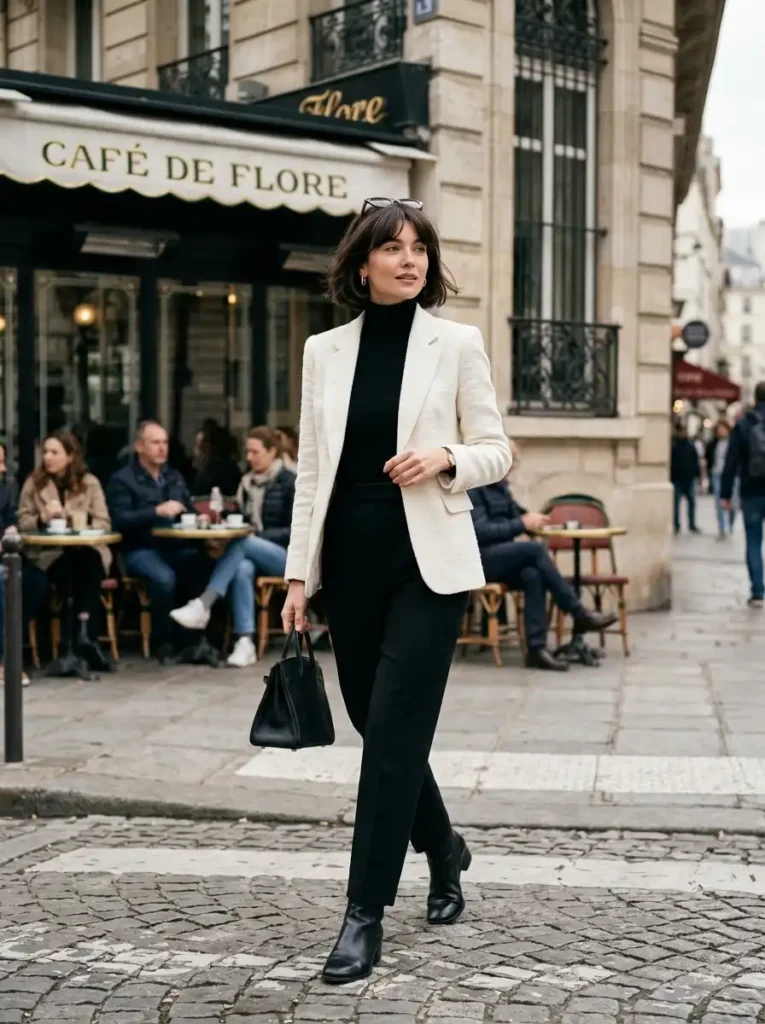 French bob with soft birkin bangs in a fashion editorial setting