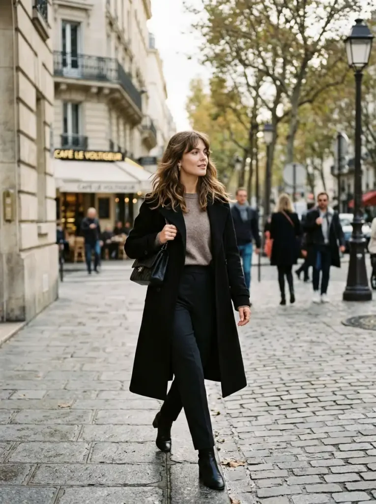 Soft birkin bangs on medium-length wavy brown hair in an editorial outdoor portrait