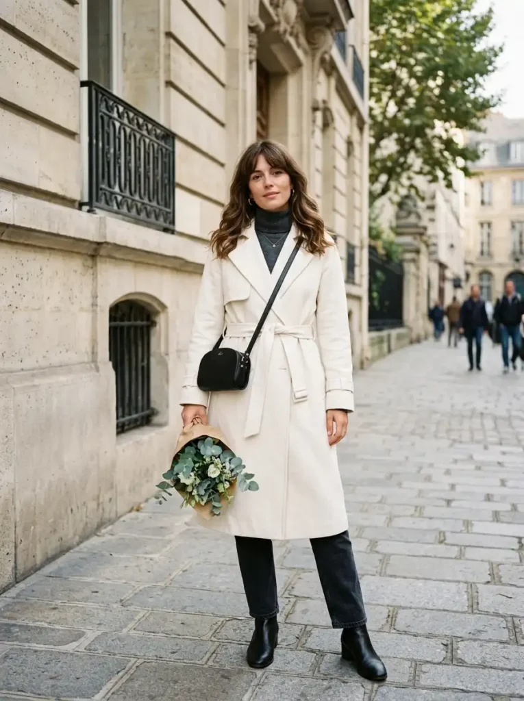 Editorial portrait of soft birkin bangs on medium-length softly waved brunette hair