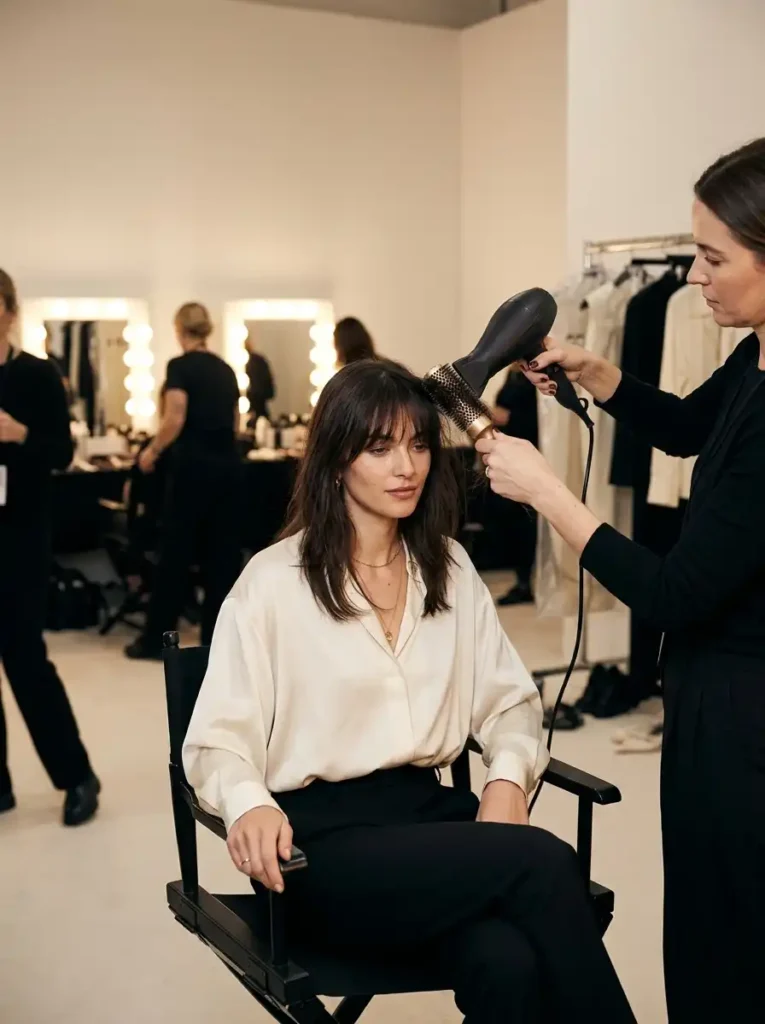 Professional styling soft birkin bangs with a round brush and blow dryer