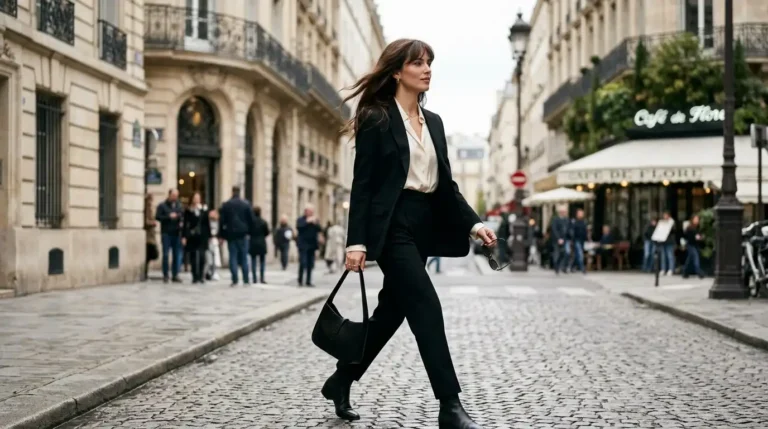 Fashion editorial image of a woman with soft birkin bangs and long layered brunette hair