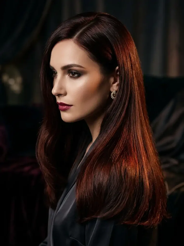 Natural auburn brown hair with subtle red undertones in soft daylight