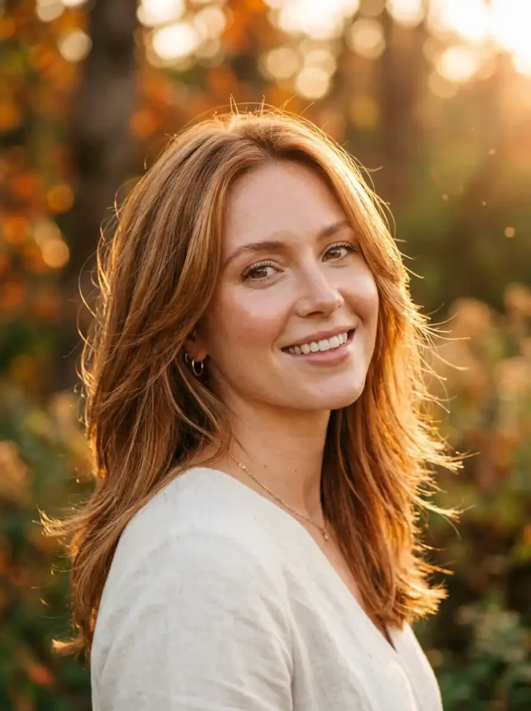 Light auburn hair color with sunlit copper and golden undertones on shoulder-length hair