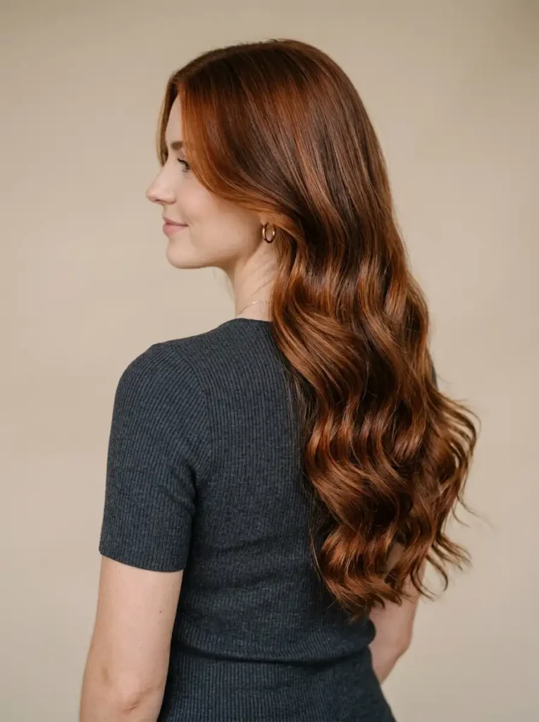 Classic true auburn hair with balanced red and brown tones styled in soft waves