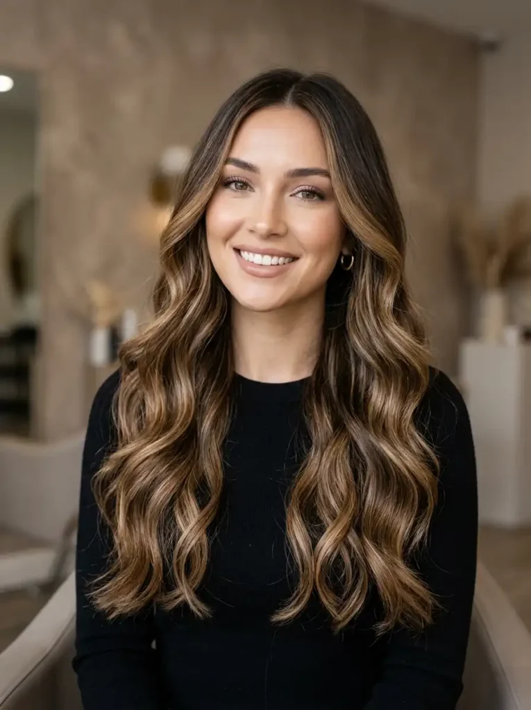 Long balayage hair with soft waves and dimensional highlights