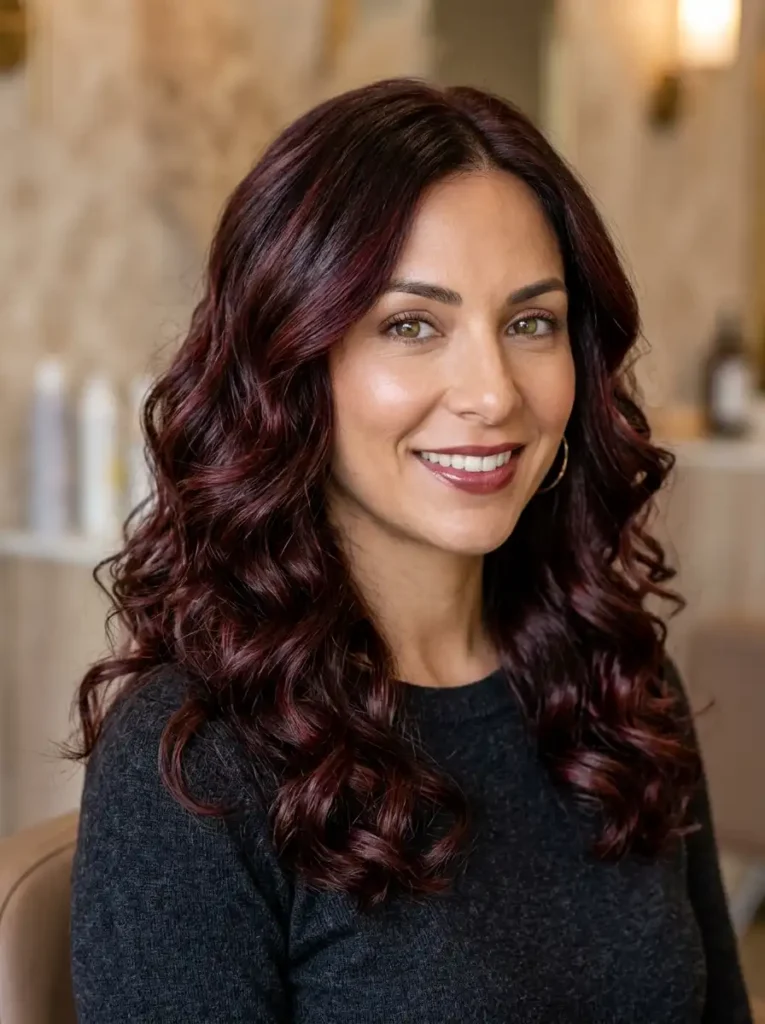 chocolate cherry hair color with glossy curls