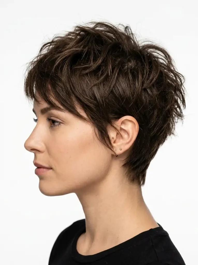Choppy pixie cut providing massive root volume for fine thin hairstyles.