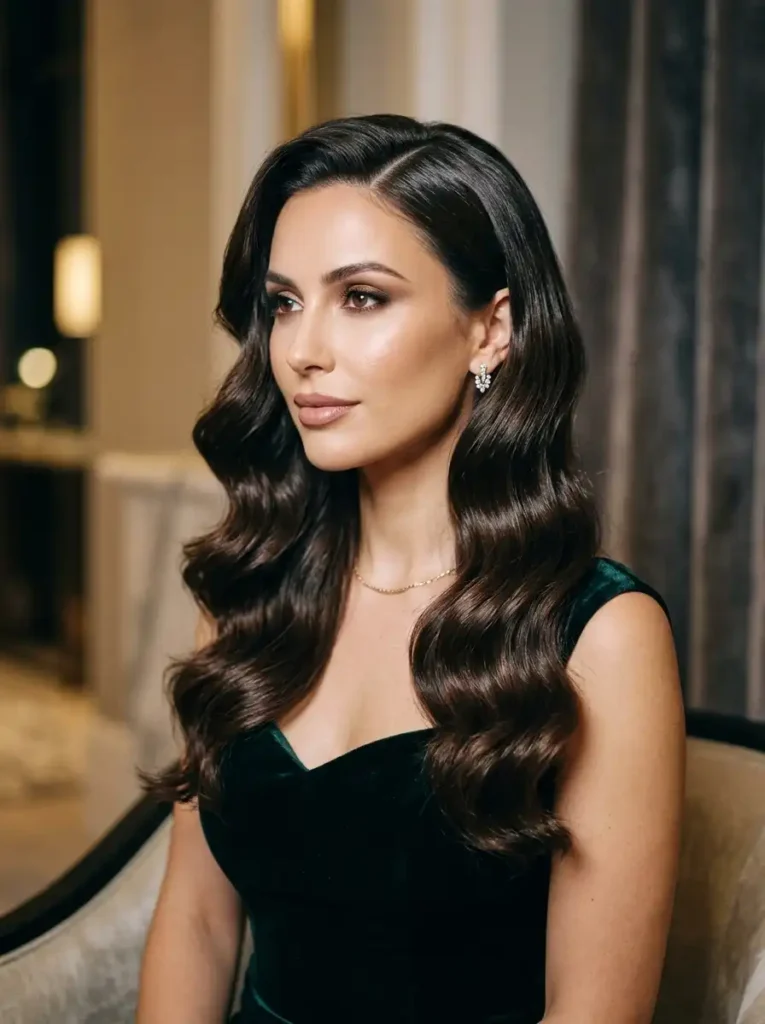 Hollywood waves on long hair for a glamorous formal look