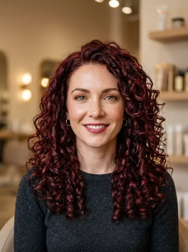 dark red curly hair with burgundy tones