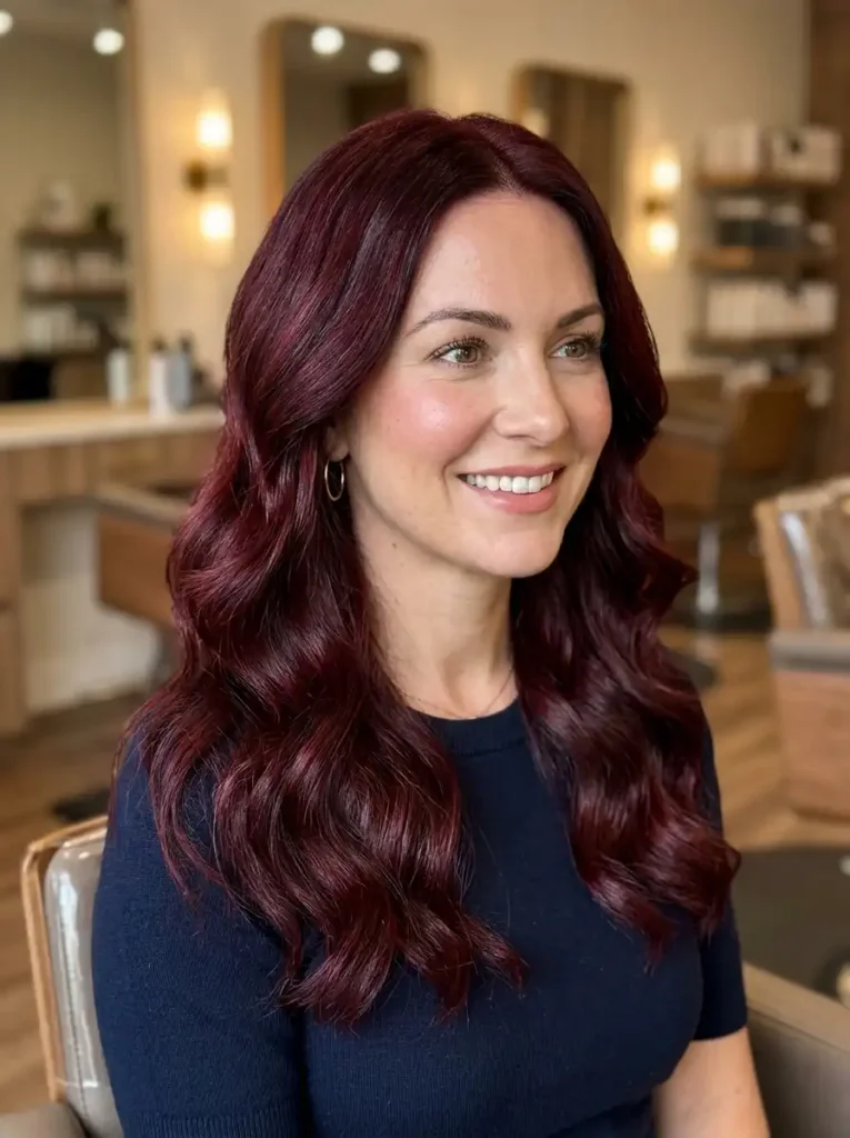 dark cherry red hair color on long wavy hair