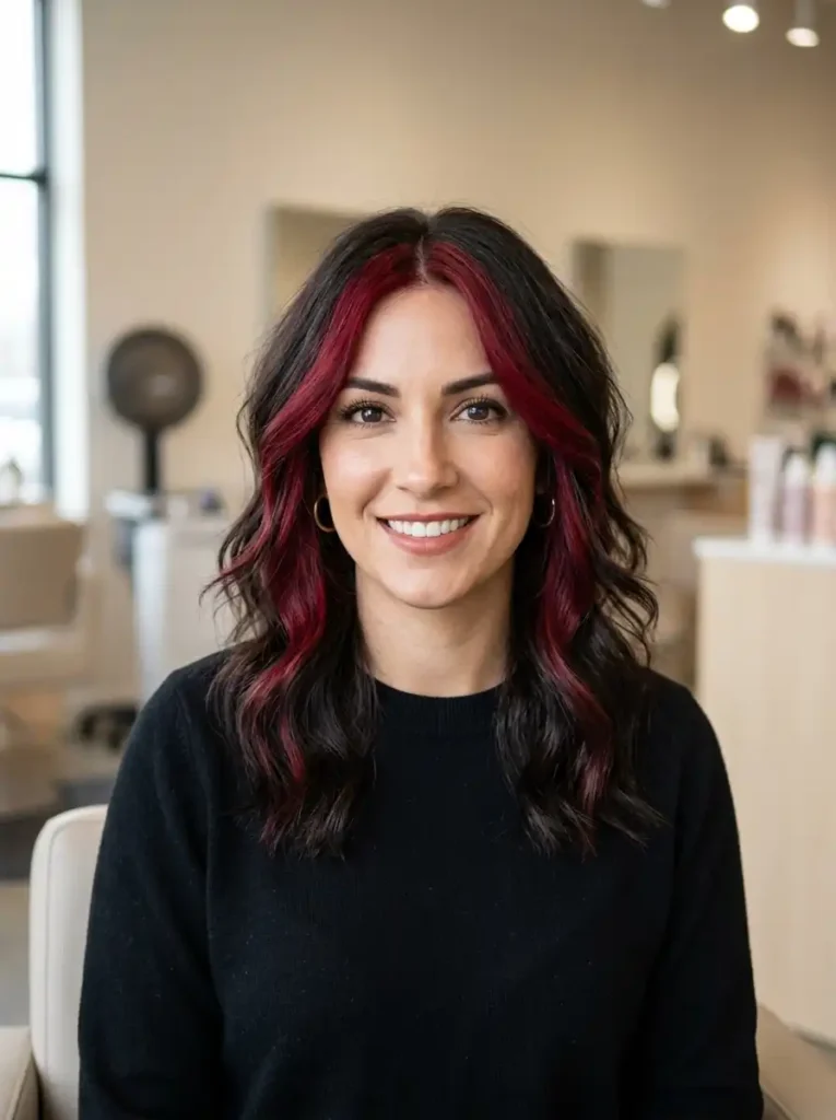 dark red money piece highlights on brunette hair