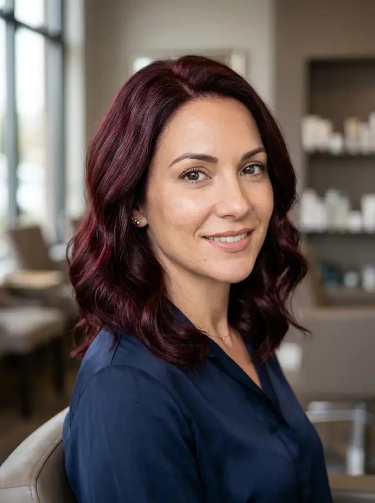 burgundy dark red hair shade with soft waves