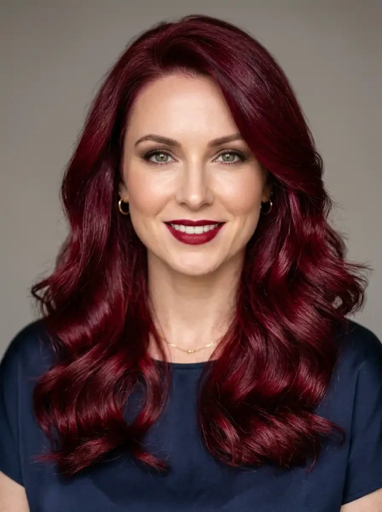 ruby dark red hair with glossy blowout