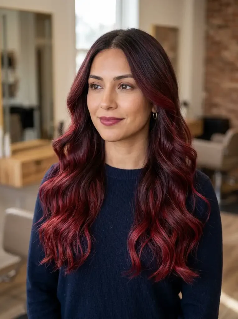 dark red ombre hair with brown roots