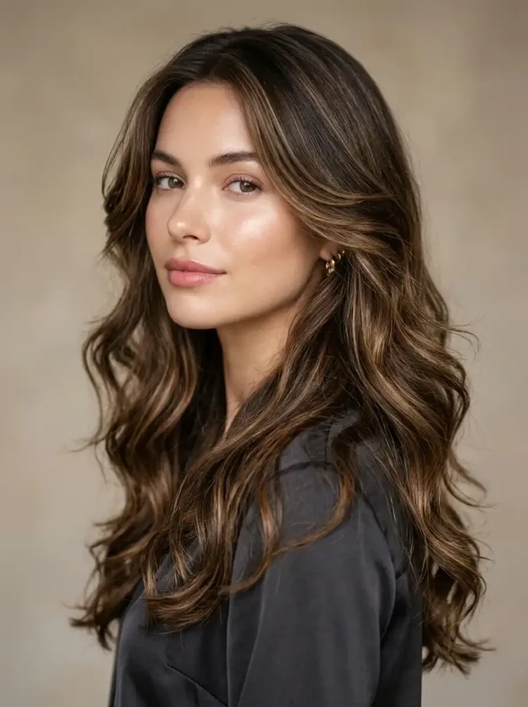Long layered waves hairstyle with soft movement and shine