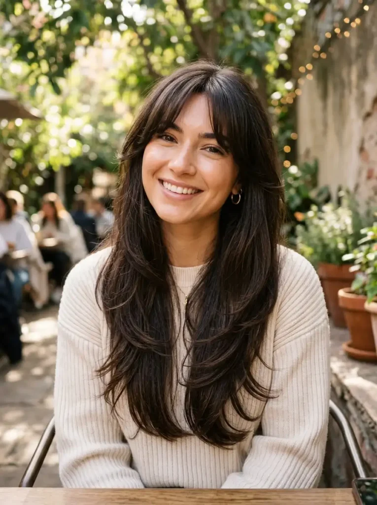 long hair with curtain bangs and layers