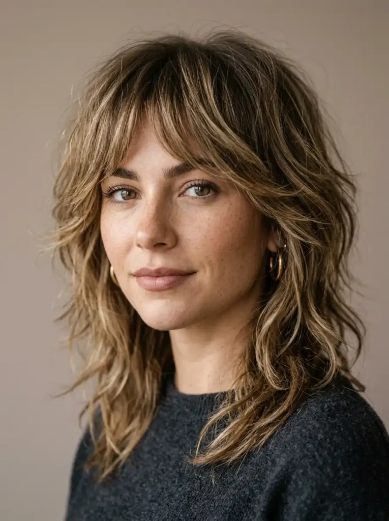 Modern shag haircut with face-framing pieces ideal for haircuts on thin hair.