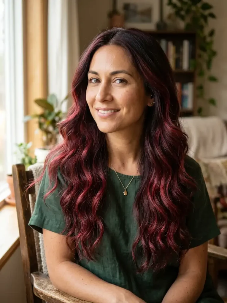 dark red balayage on brown hair