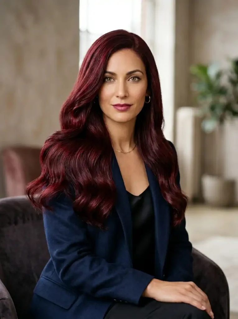 dark scarlet red hair with sleek finish