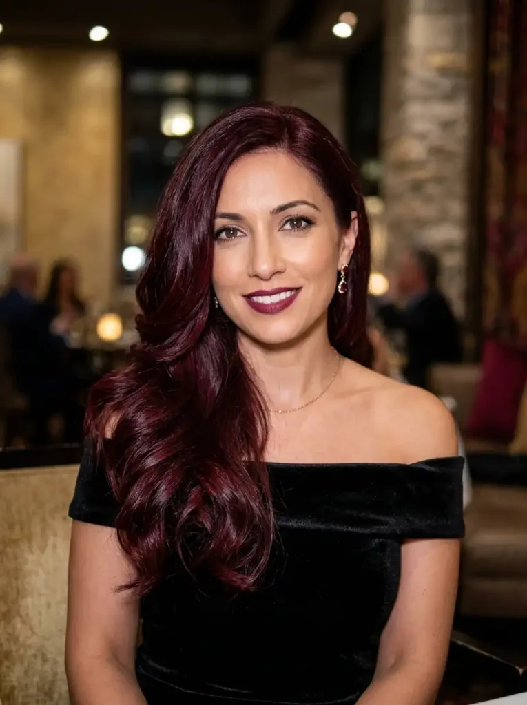 deep wine red hair on long layered waves