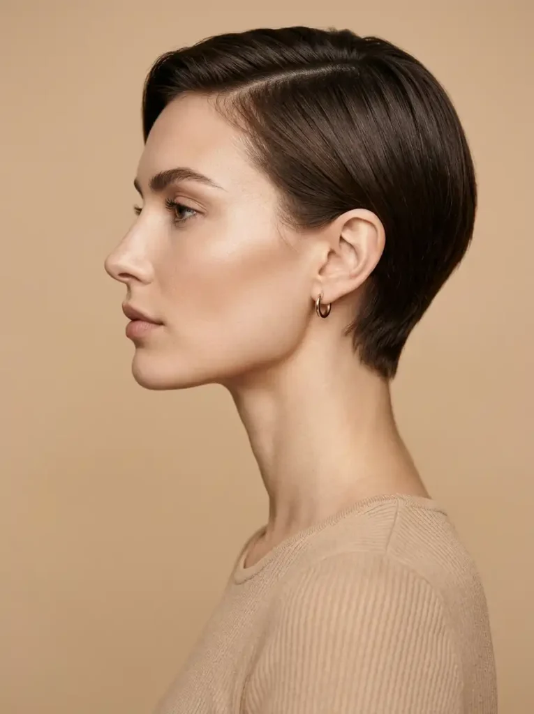 Side profile of a beautiful fashion model with a sharp jawline illustrating facial proportions for a pixie cut