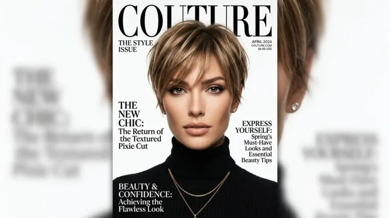 Stunning fashion model with a chic textured pixie cut hairstyle against a clean white studio background