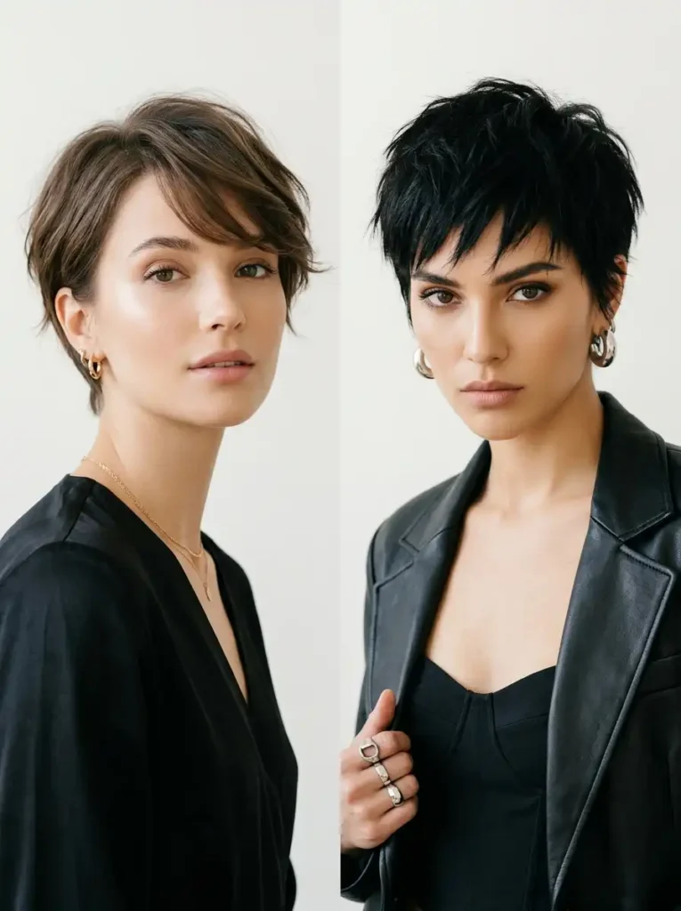 Fashion comparison of a romantic French pixie cut versus an edgy textured choppy pixie cut on high-fashion models
