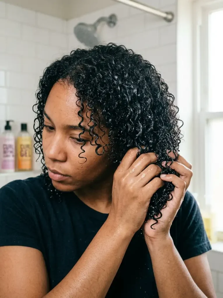 curly hair routine leave in curl cream and gel on soaking wet hair
