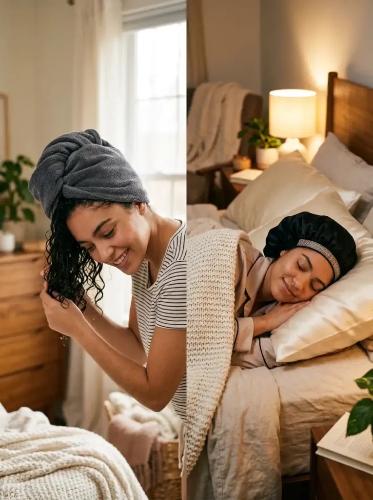 how to prevent frizz curly hair routine plop silk pillowcase