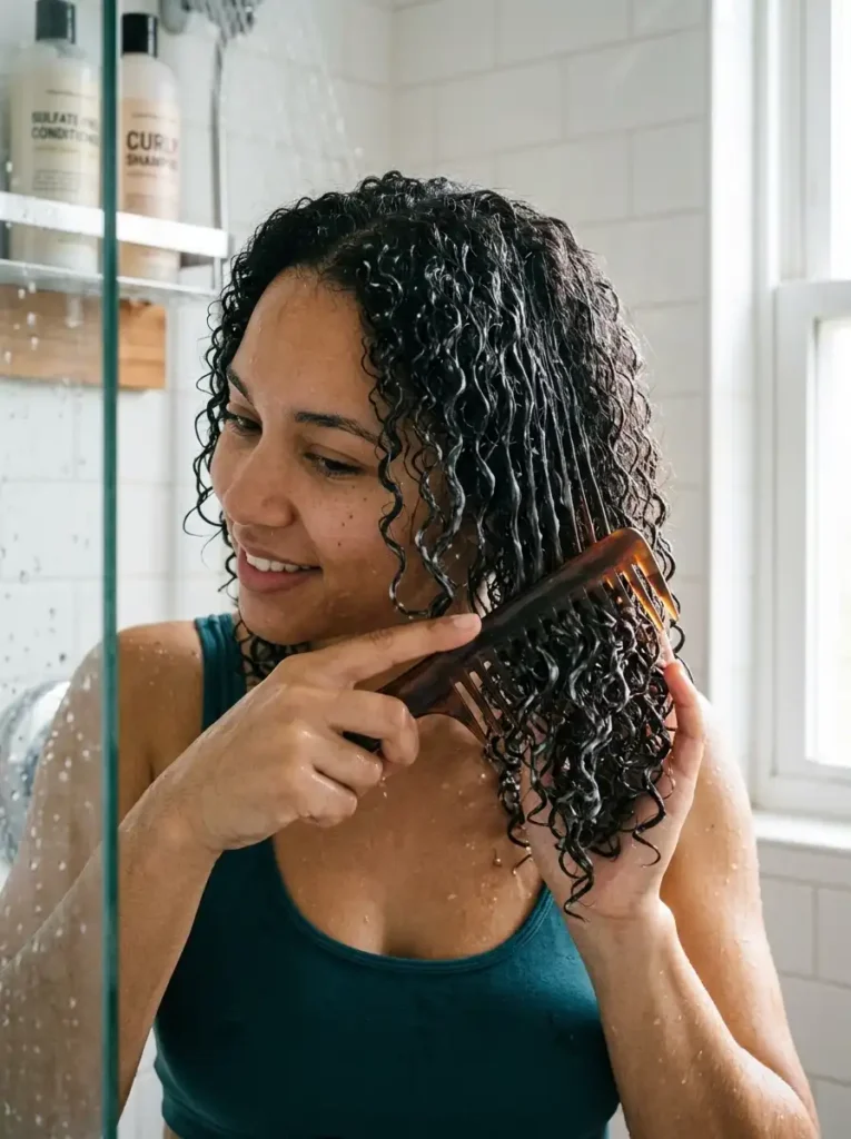 curly hair routine step 1 sulfate free shampoo and conditioning