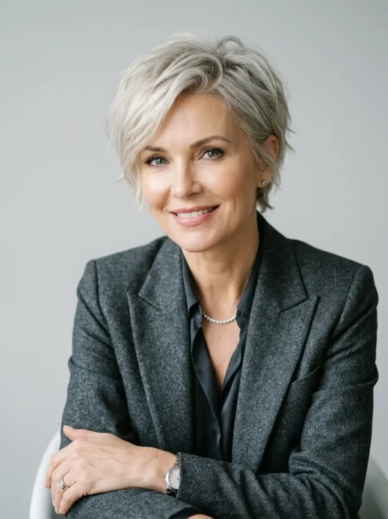 Radiant and stylish 52 year old fashion model wearing a modern silver shaggy pixie cut look